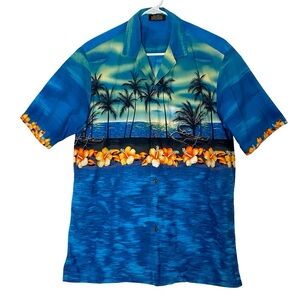 Vintage Royal Creations Hawaiian Shirt Mens Size Medium Large Blue Floral Cotton